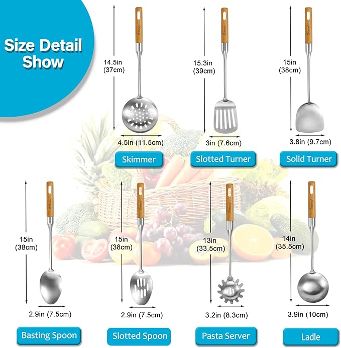 Large Stainless Steel Kitchen Utensils Set, 7 Pcs Cooking Utensils Set with Wooden Handle, Heat Resistant Spatula Tools Set for Cooking, Food Grade Utensils Sets with Turners Spoon Ladle Pasta Fork