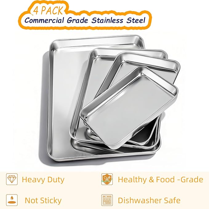 CEKEE Baking Sheet Set of 4, Stainless Steel Cookie Sheets for Baking, 0.8mm Heavy Duty Nonstick Baking Pans, 9/10/12/16 Inch Baking Trays for Oven, Non Toxic & Mirror Finish & Easy Clean