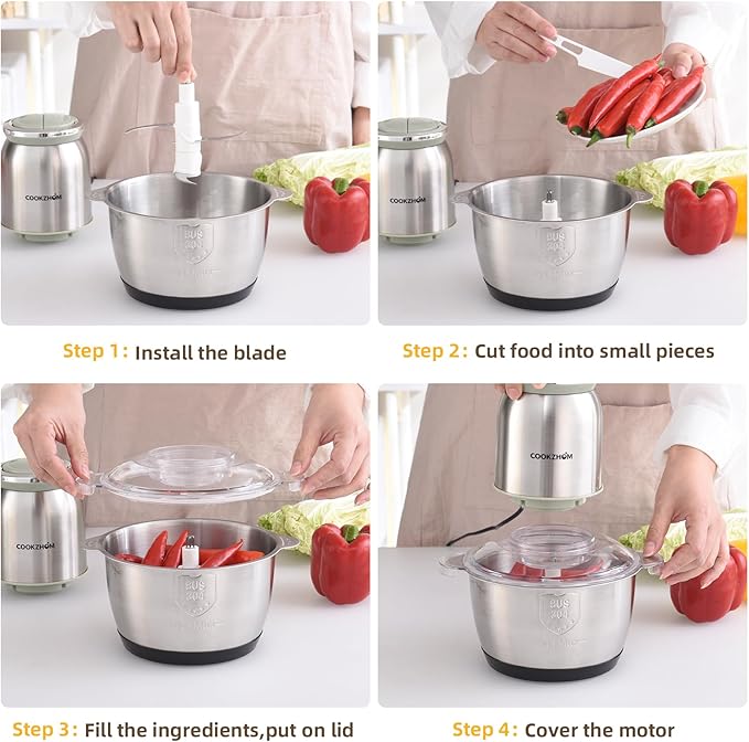 Silver Food Processor,500W Electric Meat Grinder with 8 Cup Stainless Steel Bowl and 4 Sharp Blades, Food Chopper & Vegetable Chopper for home use,Meat Processor, Vegetables, Fruits and Nuts