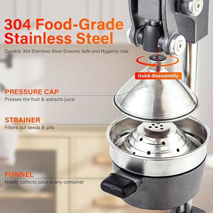 Manual Cast Iron Juicer, Commercial Lemon Squeezer, Professional Citrus Juicer, Ideal for Extracting Juice From Lemons, Oranges, and Grapefruits. Easy to Clean. (Gray)