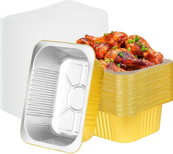 40 Pack 3LB Gold Aluminum Foil Pans with Lids Heavy Duty 8.6"×6.6"×2.4" Foil Food Containers with Lids, Tin Foil Pans for Baking, Meal Prep, Freezer, Heating and Takeout