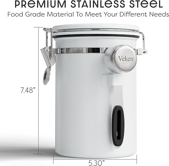 Veken Coffee Canister with Window, Airtight Stainless Steel Kitchen Food Storage Container with Lids, Date Tracker and Scoop for Grounds Coffee, Beans, Tea, Flour, Cereal, Sugar Jars, 22OZ, White