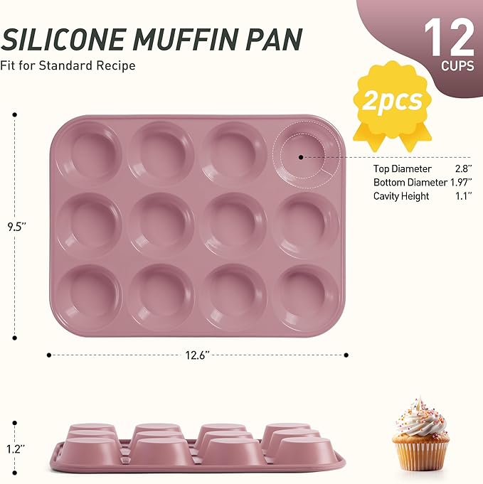 Socisen 2 Pack 12 Cups Muffin Pan with Metal Reinforced Frame Regular Size Silicone Molds Cupcake Cake Baking Pans Cookie Baking Chocoflan Cupcake Mold Silicone Egg Bite Molds Baking Items Stuff