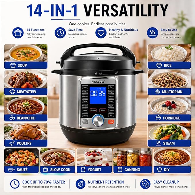 KINGBULL 14-in-1 Electric Pressure Cooker 8 Quart, Stainless Steel Multi Cooker with LCD Display and Knob Control, Slow Cooker, Rice Cooker, Steamer, Sauté, Yogurt Maker, Warmer, DIY Mode