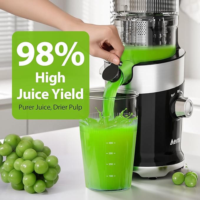 Cold Press Juicer with Whole Feed Chute, Aeitto Masticating Juicer Machines, Juice Extractor Machine Easy to Clean, High Juice Yield, For Whole Vegetables and Fruits, Easy to Assemble, Onyx Black