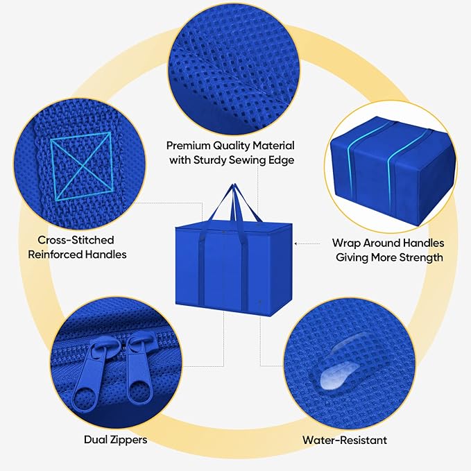 BALEINE 2Pk Insulated Reusable Grocery Bags, Collapsible Cooler Bag for Groceries, Heavy Duty Large Insulated Bag (16''x9''x13'', Midnight Blue)