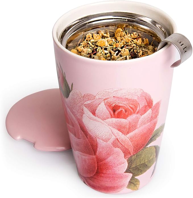 Tea Forte Double-Walled Ceramic Kati Cup, Removable Stainless Steel Infuser Basket and Lid, Steeps 12 oz Loose Leaf Tea, Dishwasher & Microwave Safe, Gifts for Mom, Jardin