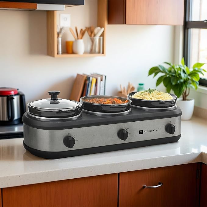 CULINARY CHEF, Triple Slow Cooker, Buffet Server 3 Pot, Food Warmer - Stainless