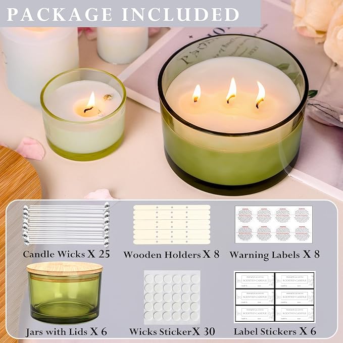 CONNOO 24oz Olive Green Candle Jars 6 Pack, Multi-Wick Wide Mouth Empty Glass Containers for Making Candles with Airtight Bamboo Lids, Sticky Warning Labels, Wick Kit - Dishwasher Safe