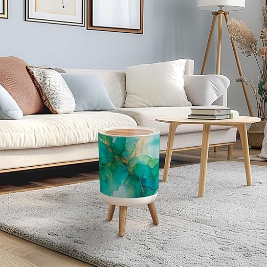 Trash Can with Lid Abstract green gold fragment colorful Mixing acrylic paints Modern art Press Top Round Small Garbage Bin with Wooden Legs Waste Basket for Kitchen Bedroom Nursery 7L/1.8 Gallon
