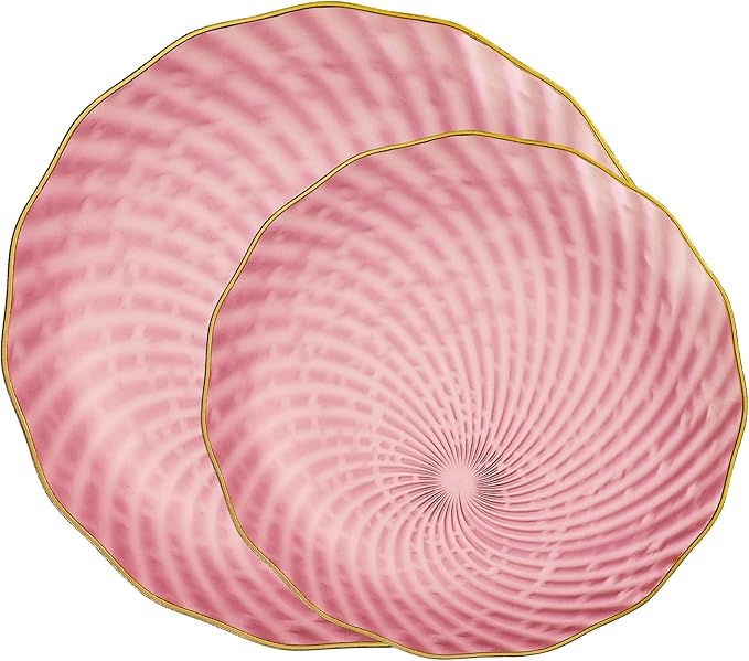 PLASTICPRO 30 Pack Plastic Plates Set of 15-10 inch Plate and 15-7 inch Plates, Elegant Clear Pink Spiral and Gold Rim Disposable Fancy Plate Premium Heavyweight