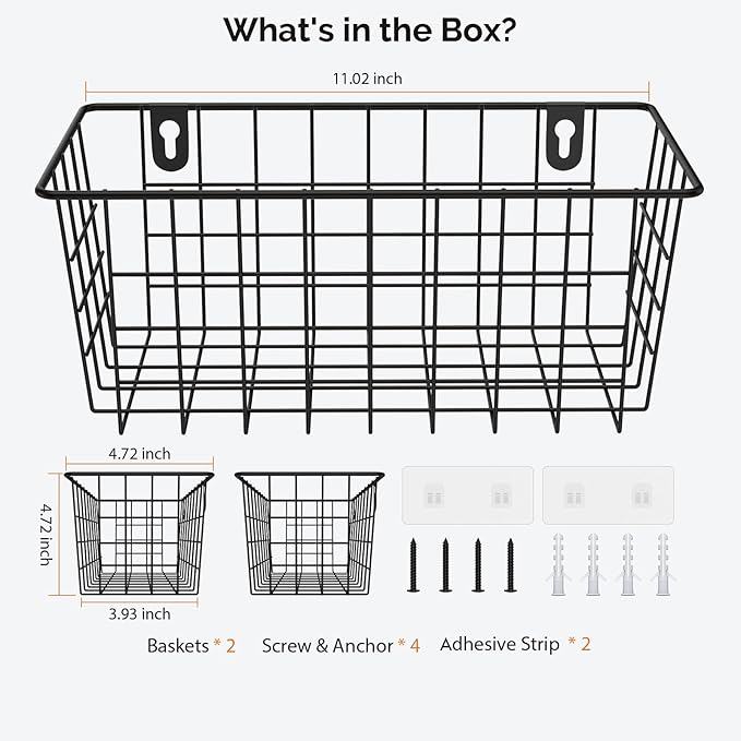 MaraFansie Hanging Kitchen Baskets Wire Storage Basket Adhesive and Screws Basket Over the Cabinet Door Organizer with Adhesive Strips and Screws Accessories, 2 Pack, Black