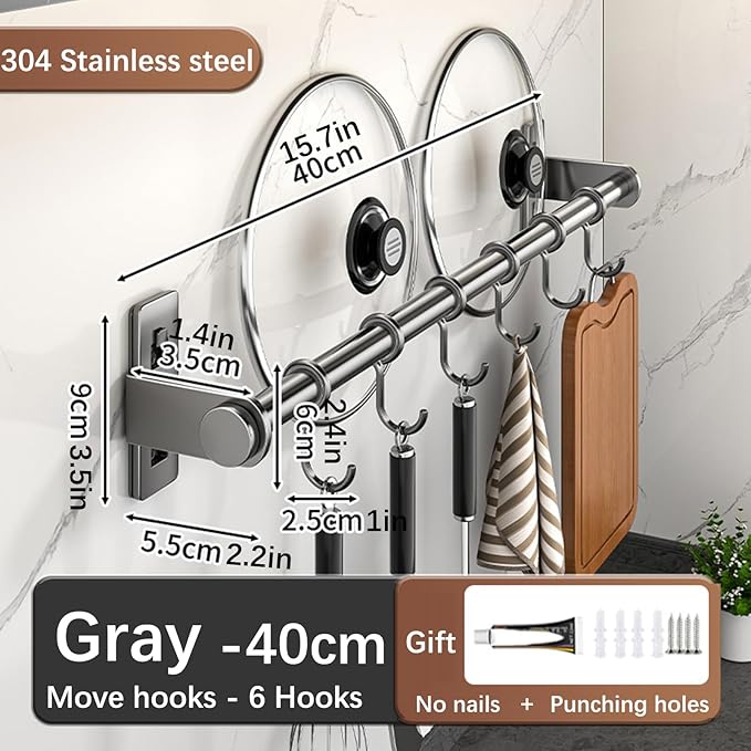 Hanging Wall Mount knife Wall Mount, Kitchen Organizer Storage Shelf for Utensils Spatula Spoon, Space-Saving Knife Rack with Hooks,Wall-Mounted Utensil Holder (Grey, 40CM+Single Pole+6Hooks)