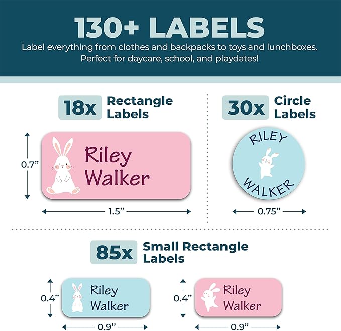 Personalized Daycare Name Labels for Kids (130 Labels) - Custom Waterproof Name Stickers for Clothing Tags, Water Bottles, Lunch Boxes and School Supplies (Bunny)