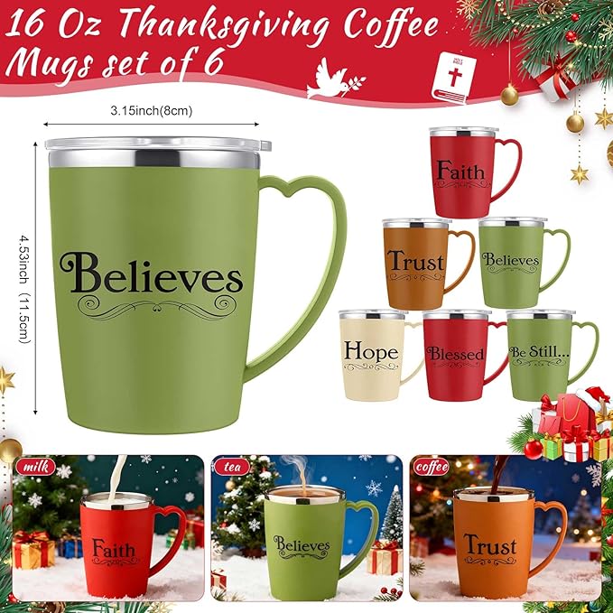 6 Pcs Christian Coffee Mugs Bulk Large 16 oz Religious Tumblers Stainless Steel Insulated Cups with Handle Lid Straw Brushes Bible Verses Scripture Quotes for Women Men Church Gifts