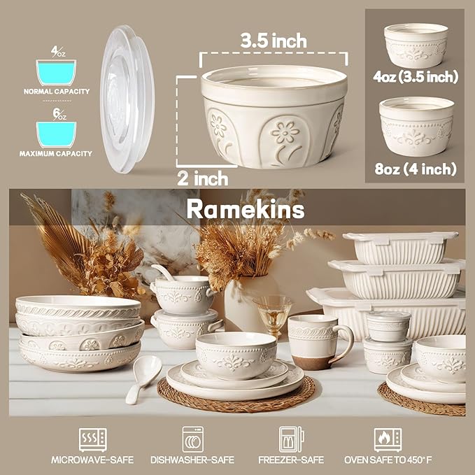 Artena Ramekins with Lids, Creme Brulee Ramekins Oven Safe, Ceramic Pudding Cups, Souffle Cups, Custard Cups, Dipping Sauce Cups, Food Storage Containers with Lids, Set of 4 (Pinwheel Flower, 4 oz)