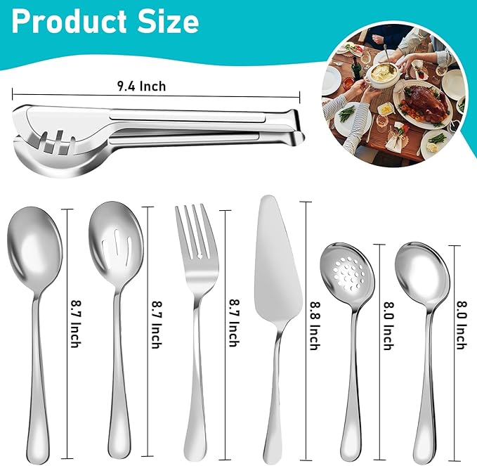 Serving Utensils, 15 Pcs Stainless Steel Large Flatware Serving Tools Kit, Included Spoons, Forks, Tongs, Slotted Spoon, Ladle, Cake Server for Kitchen Catering Banquet Wedding Buffet Party, Silver