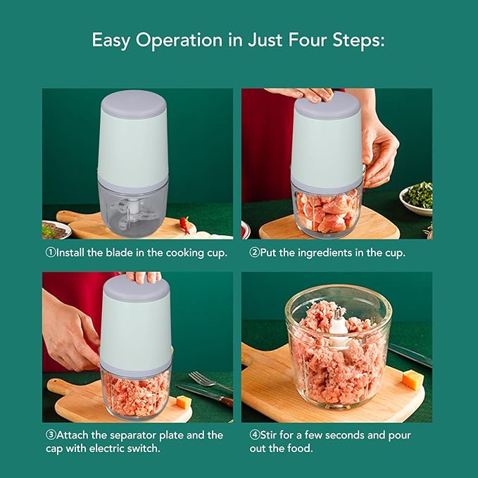 300ML Mini Meat Grinder Electric Mini Garlic Chopper USB Meat Grinder Food Processor Cordless Easily Chop Baby Food Maker Small Chopper for Vegetables Fruits Garlic (Green)