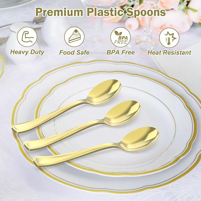 100 Count Heavy Duty Gold Plastic Spoons Disposable, BPA-Free, Heat Resistant, Solid and Durable Premium Plastic Disposable Spoons for Party Supply
