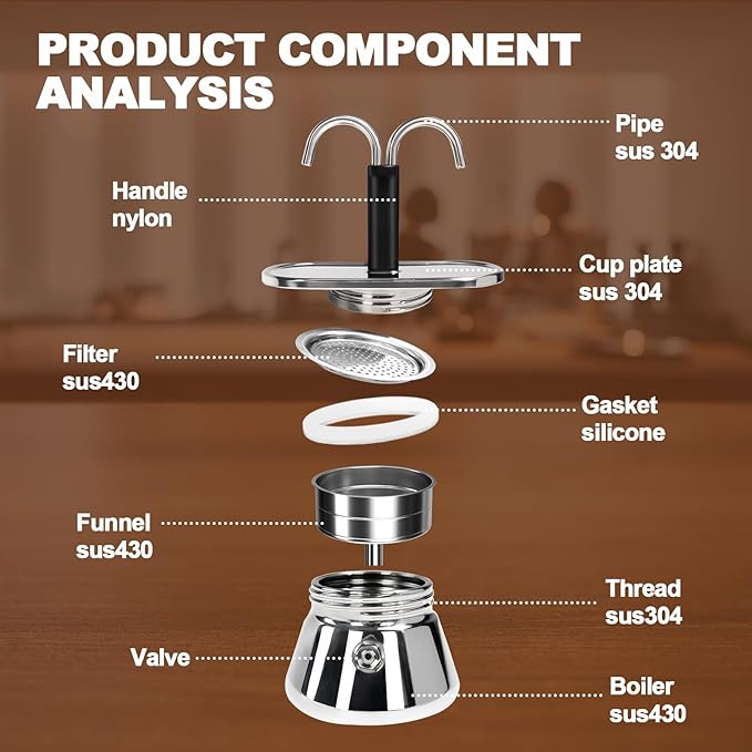 2 Cup Dual Pipe Moka Pot Stainless Steel Stovetop Espresso Maker Cafeteras Italian Percolator Espress Makers Capable Greca Mocha Coffee Machine for Induction Home 150ml 5.1oz