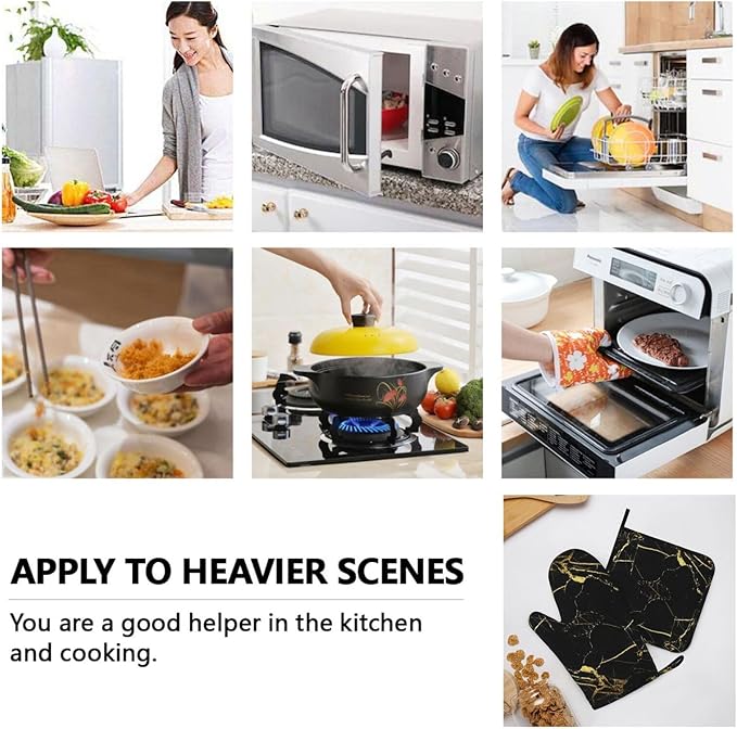 Marble Gold Black Oven Mitts and Pot Holders Sets of 4, Heat Resistant Silicone Oven Mittens and Potholders Gloves Hot Pads for Kitchen Cooking Baking Grilling BBQ Chef
