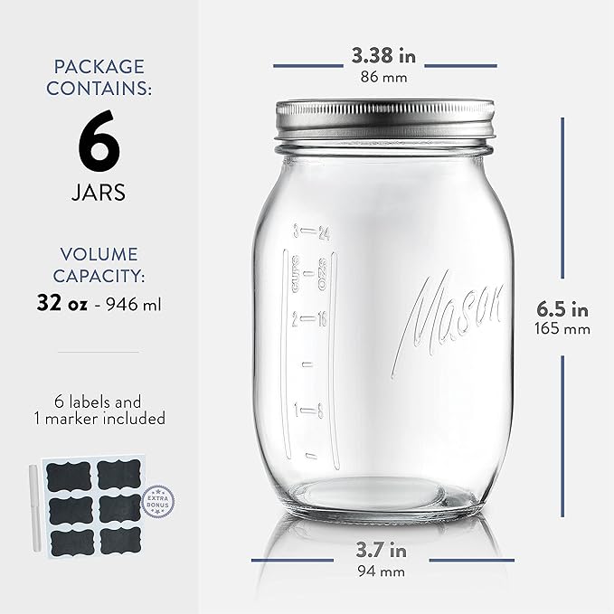 Paksh Novelty Mason Jars - Food Storage Container - 32 oz 6-Pack - Airtight Container for Pickling, Canning, Candles, Home Decor, Overnight Oats, Fruit Preserves, Jam or Jelly