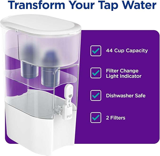 PUR Water Filter Dispenser XL 44-Cup with 2 Genuine PUR Filters, Largest Available, 44-Cup Capacity, 2-in-1 Powerful, Faster Filtration, Dishwasher Safe, (PDI4000Z)