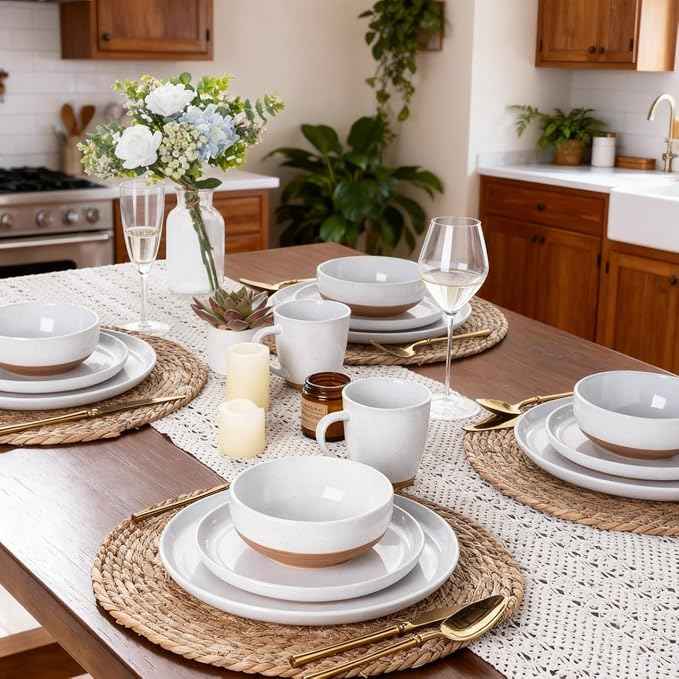 AmorArc Ceramic Dinnerware Sets for 6, 18 Pieces Handpainted Plates and Bowls Set with Rustic Terracotta Underside, Scratch Resistant Stoneware Dishes Set, Dishwasher & Microwave Safe, White