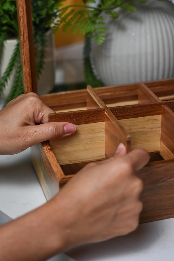 Acacia Wood and Bamboo Tea Bag Organizer - 4 & 8 Compartment Tea Box for Countertop - Tea Station & Coffee Bar Accessories - Fits Large & Craft Tea Bags (Wood, 8 Compartment)