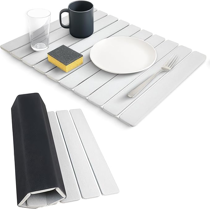 Large Stone Dish Drying Mats for Kitchen Counter , Quick Dry Absorbent Collapsible Dish Drying Mat With Rubber Sole, 23.4”(L)x15.4”(W) Diatomaceous Earth Mats for Dishes Bottles Cups