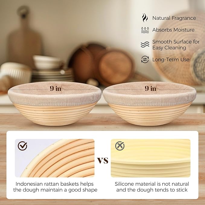 Banneton Bread Proofing Basket - Sourdough Starter Kit Banneton Sourdough Proofing Basket Set of 2, Sourdough Bread Baking Supplies for Making Baking Fermentation (9" Round Set of 2, 6 Accessories)