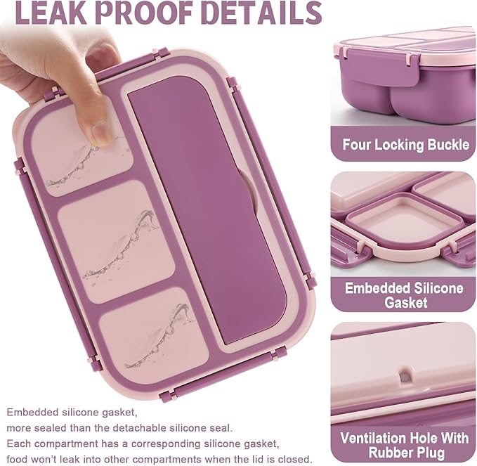 shell and turtle Bento Box Adult Lunch Box, Lunch Containers for Kids Girls Boys with 4 Compartments, Lunchable Food Container with Utensils, Sauce Jar, Muffin Liners, 40 Oz/5 Cup, Dark Purple
