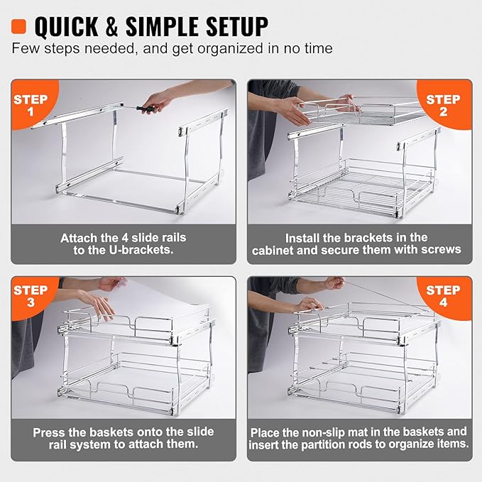 VEVOR 2 Tier 20"Wx21.2"Dx15.2"HPull Out Cabinet Organizer, Heavy Duty Slide Out Pantry Shelves, Steel Roll Out Drawers, Sliding Drawer Storage for Home, 21.5"Wx22.5"Dx19"H Install Size for Cabinet