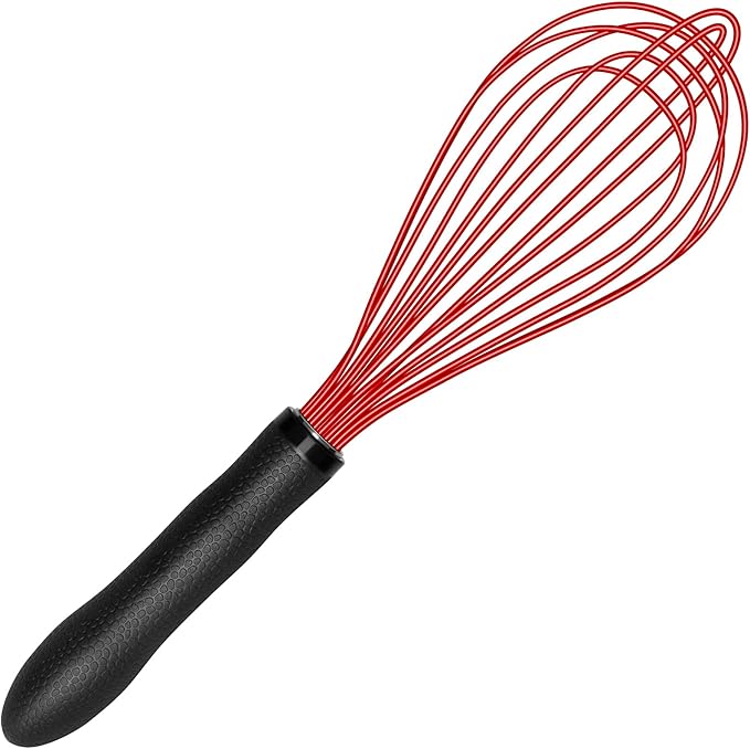 TEEVEA Silicone Whisk Non Scratch Wisking Tool, Metal Wire Stainless Steel Whisk - Small Mini Heat Resistant - Black & Red, 11-Inch