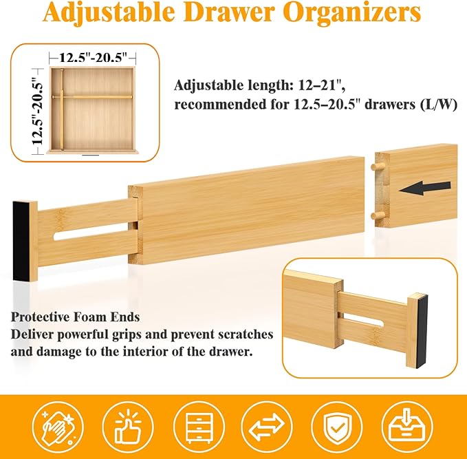Bamboo Drawer Dividers,12-21" Adjustable Drawer Organizers for Clothes,Expandable Dresser Separators in Kitchen/Bedroom/Bathroom/Vanity/Office Organization and Storage,4-Pack