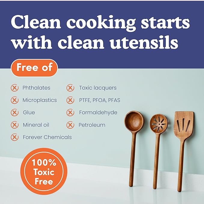 Non-Toxic Cooking Utensils – 6-Piece Kitchen Utensils Set, Glue-Free & One-Piece Wooden Spoons for Cooking, Natural Wooden Utensil Set with Plant-Based Finish, Free of Forever Chemicals