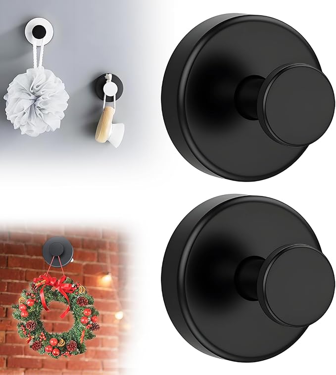 Suction Cup Hooks for Wreaths on Glass, 2025 New No Drill Suction Cup Hooks for Shower, Wreath Hanger Holder for Front Door, Upgraded Towel Hooks for Window Bathroom Mirrors (2, Black)