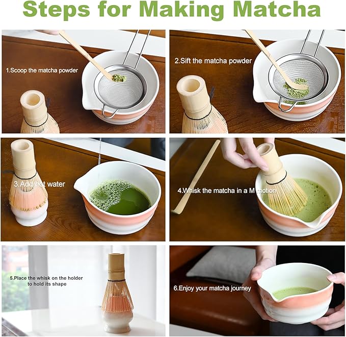 Pink Matcha Whisk Making Set - Japanese Tea Kit with Whisk Bowl and Bamboo Scoop Ceramic Chawan with Spout for Traditional Tea Ceremony Complete Matcha Making Tools Gift for Tea Lovers (Pink, 7 PCS)