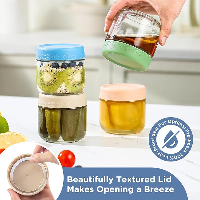 DRKIO 10 Oz Overnight Oats Containers with Lids - 4 Pack Glass Storage Jars with Airtight Lids Wide Mouth Mason Food Jars Great for Meal Prep Salad Chia Pudding Snacks Yogurt Sugar Spice Cereal
