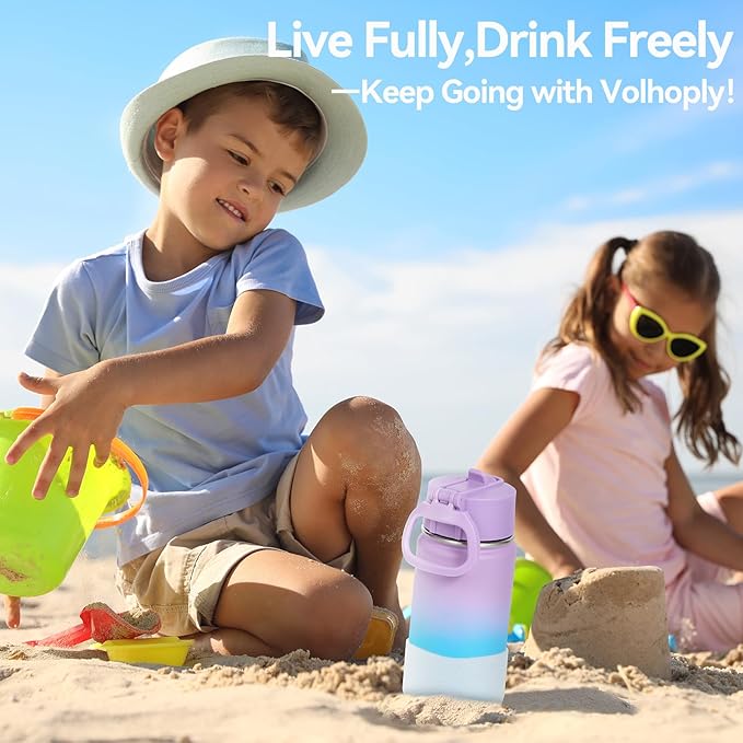 Volhoply 14oz KIds Stainless Steel Insulated Leakproof Bottles Water Bottle with Straw Lid and Silicone Boot,BPA-Free Easy Use for Boys&Girls,Double Wall Vacuum Bottles(Purple Blue,1)
