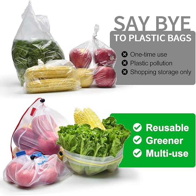 24 pack Reusable Produce Bags,Reusable produce bags for grocery,mesh bags See-Through and Washable Grogery Bags with 3 Sizes useful for storage fruits,vegetables,toys