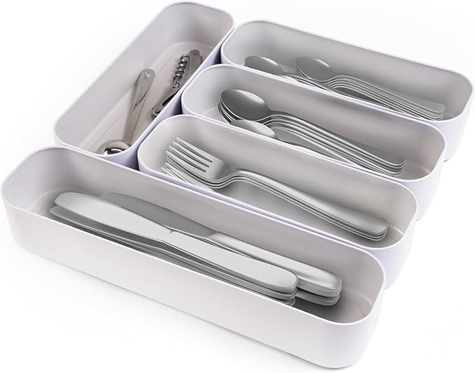 Three by Three Seattle 5-Piece Metal Stacking Drawer Organizers – Large, 2" Deep, Food-Safe (French Gray) – Stylish Kitchen Drawer Storage