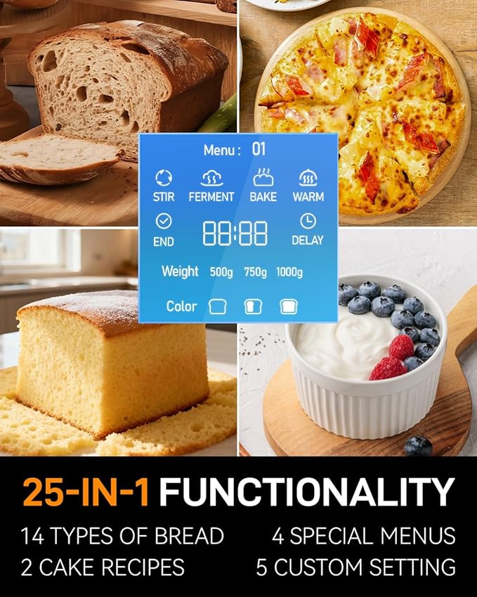 MERIOR 25-IN-1 Bread Maker with Visible Lid | 2lb Automatic Machine, Auto Nut Dispenser, 13-Hour Delay Timer, One-Touch Control & Recipes – Easy Operation, High Success for Homemade Bread