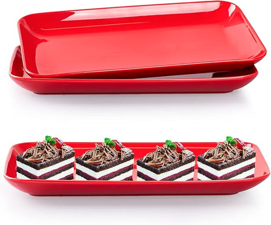 DELLING 12 Inch Rectangular Serving Platter Set of 3, Red Porcelain Serving Plates, Appetizer Salad Dessert Trays for Party, Christmas Valentine's Day Entertaining, Microwave Dishwasher Oven Safe