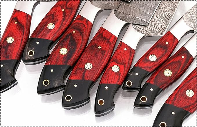 G16Red- Professional Kitchen Knives Custom Made Damascus Steel pcs of Professional Utility Chef Kitchen Knife Set with Chopper/Cleaver Black Horn (at end) GladiatorsGuild (8, Red)