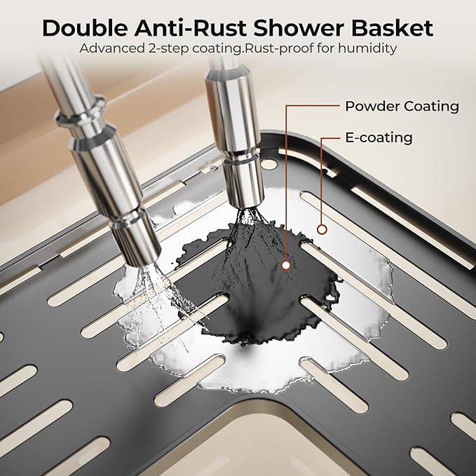 Orimade Rustproof 2 Tier Floor Standing Corner Shower Caddy Organizer with Toothbrush Holder, Large Spacing Floor Shower Shelf Rack Storage Stands with Hooks for Bathroom Kitchen, Black
