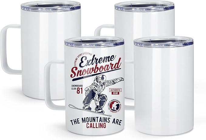 AGH 16oz Sublimation Mugs with Handle, 304 Stainless Steel Sublimation Coffee Mug with Splash-proof Lid, Vacuum Insulated Travel Beer Tea Mug Compatible with Cricut Mug Press, 4 Pack