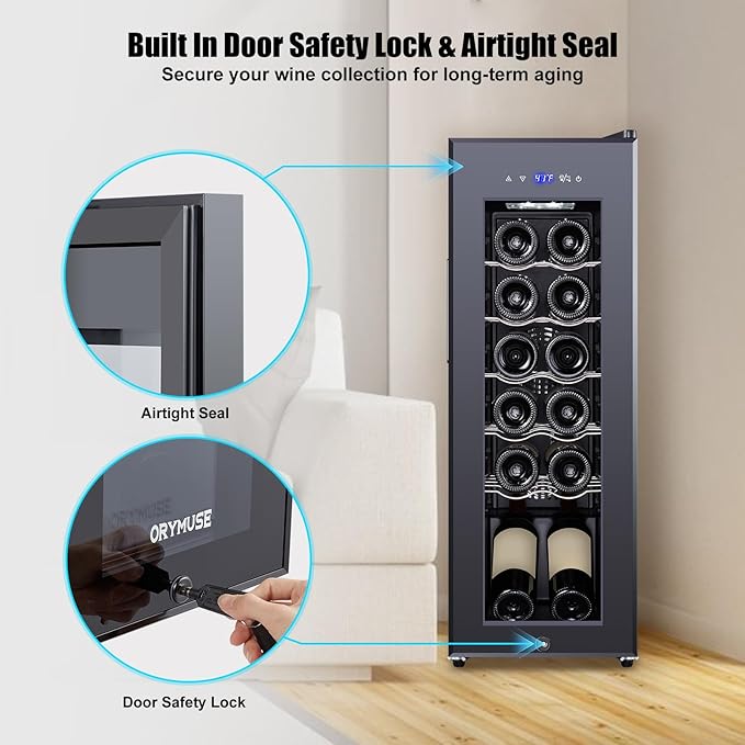 12 Bottle Compressor Wine Cooler Refrigerator with Lock, Freestanding Wine Fridge, 41°F-64°F Digital Temperature Control, Large Wine Cellar for Red, White, Champagne, and Sparkling Wine – Black