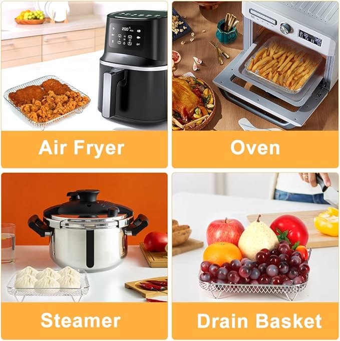 BYKITCHEN 7 Inch Air Fryer Rack Fit for Ninja Crispi/Ninja Pro 5QT/ Cosori 5QT/ Chefman 5-6QT Airfryer &More, Air Fryer Accessories, 3pcs Stackable Stainless Steel Airfryer Basket with Silicon Feet