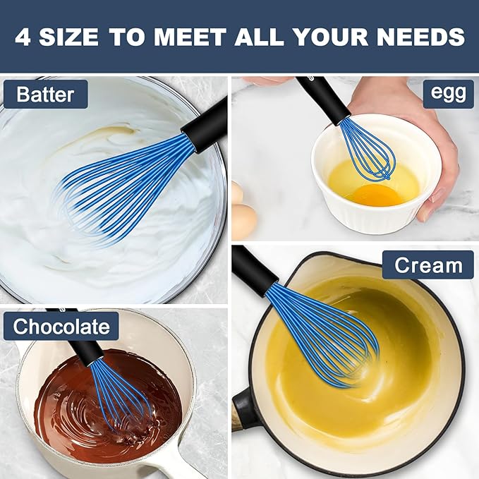Silicone Whisk, Non Scratch Whisk for Cooking, 5+7+9+11in Balloon Whisks, Suitable for Mixing, Blending. 11in Flat Whisks great for Ceramic Coated pans and Wider shallower pots. (Blue)